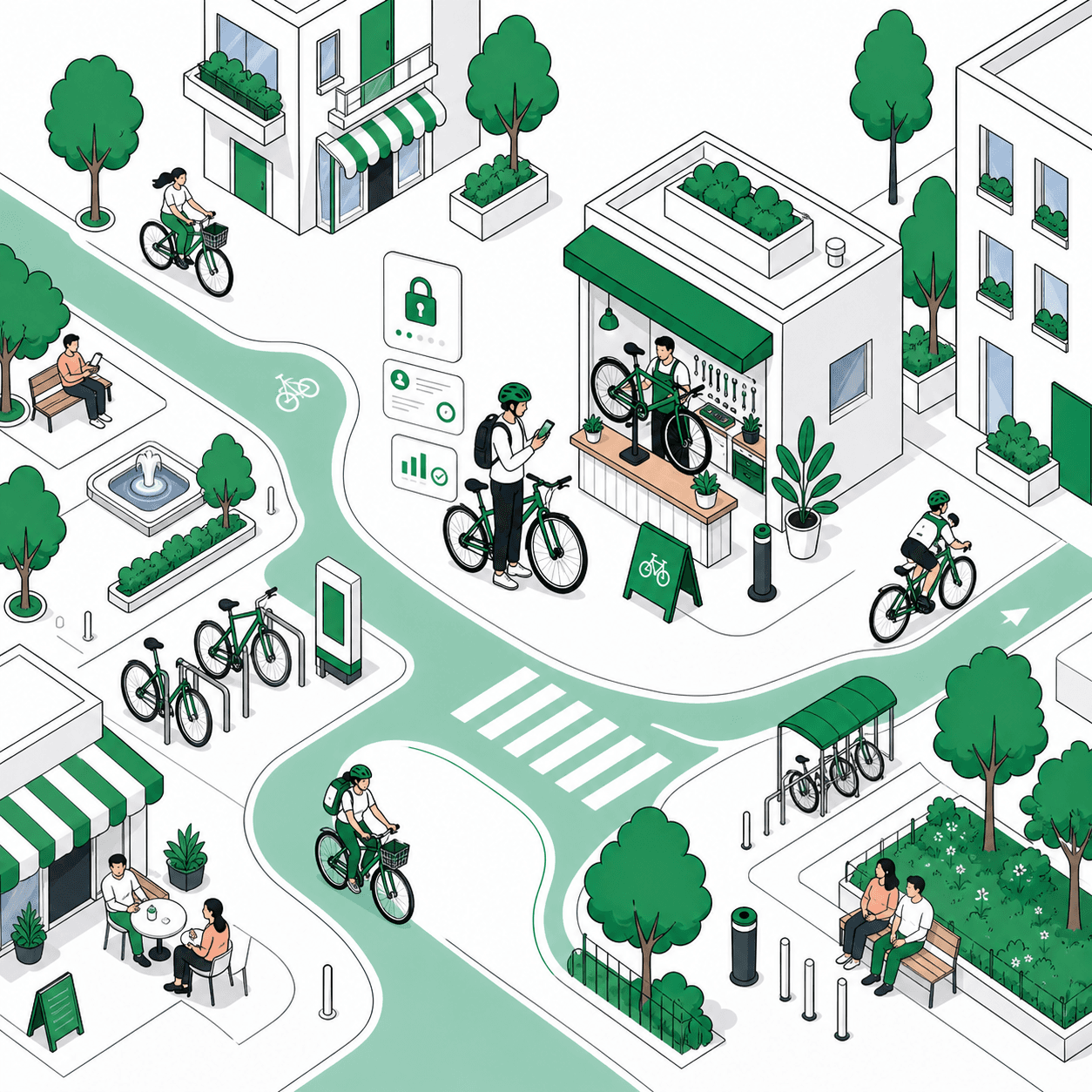 Illustration Bricloo d’un cycliste se connectant à son espace près d’un atelier vélo