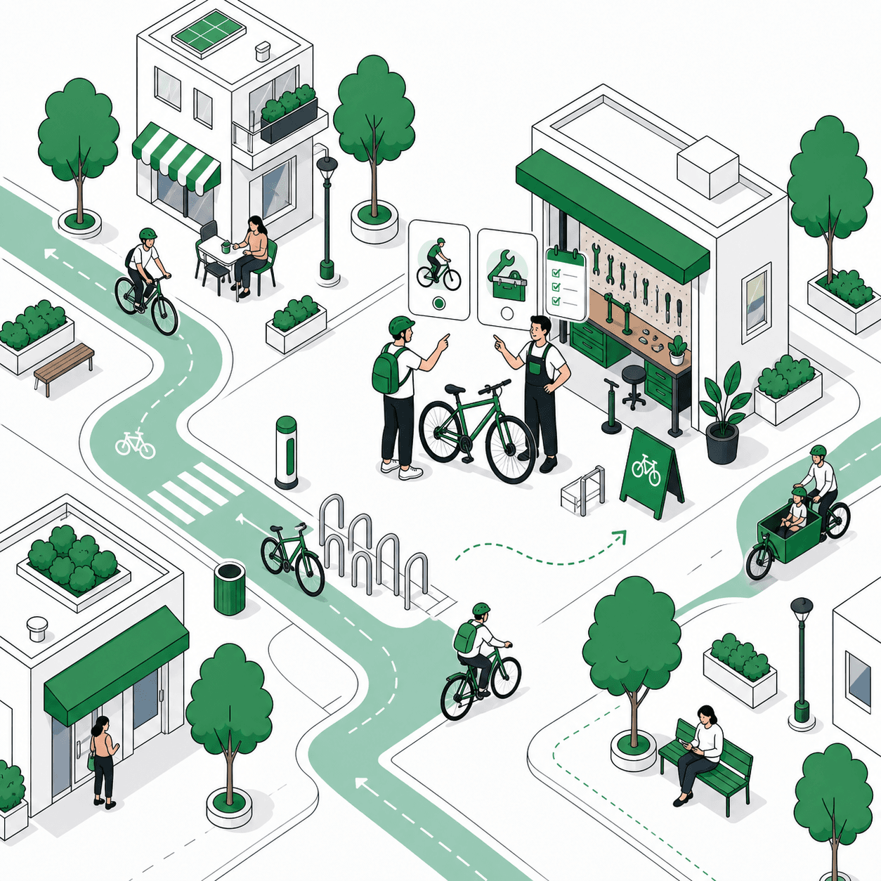 Illustration Bricloo d’un cycliste et d’un atelier pendant la création de compte