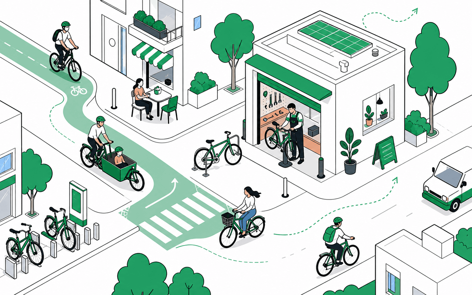 Ville illustrée avec cyclistes et atelier vélo